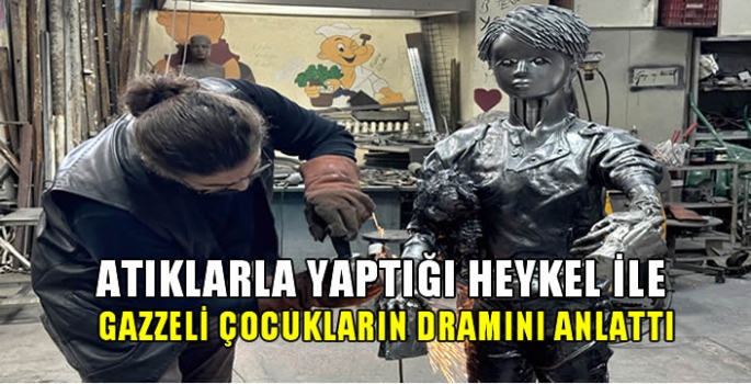 Atıklarla yaptığı heykel ile Gazzeli çocukların dramını anlattı