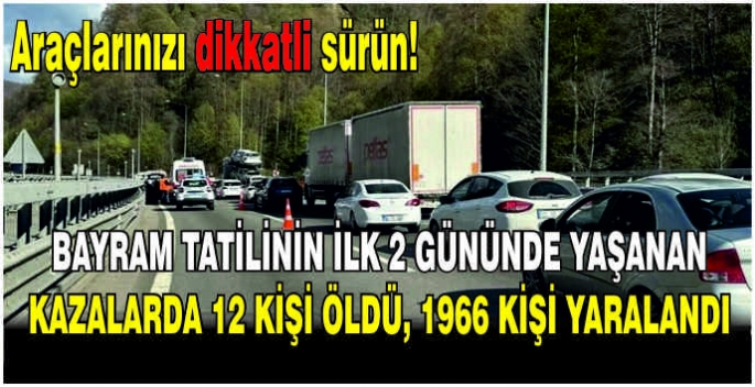 Bayram tatilinin ilk 2 gününde yaşanan kazalarda 12 kişi öldü, 1966 kişi yaralandı