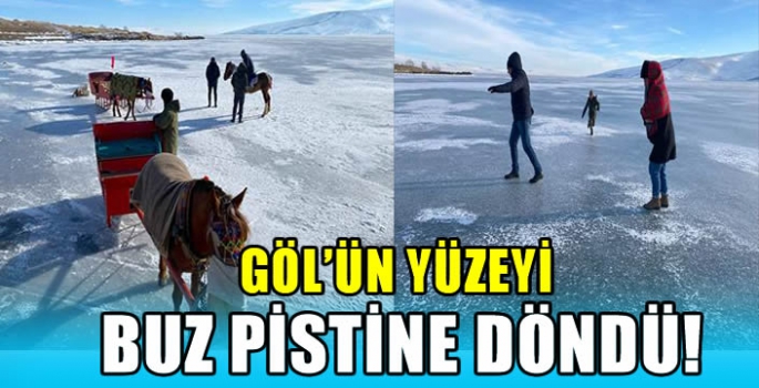 Göl’ün yüzeyi buz pistine döndü!