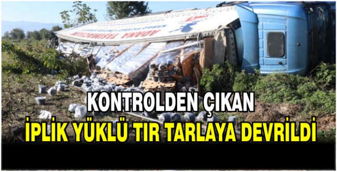 Kontrolden çıkan iplik yüklü tır tarlaya devrildi