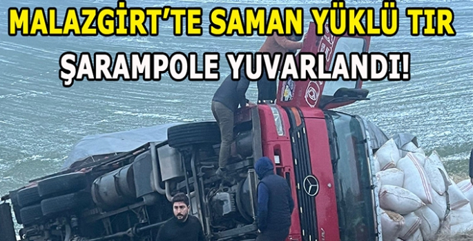 Malazgirt’te kontrolden çıkan saman yüklü tır devrildi!